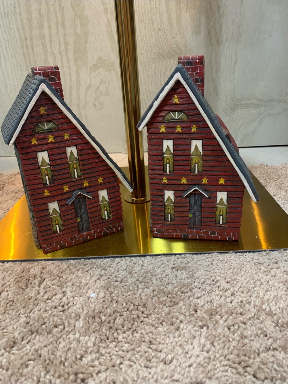 Red Decorative Pair of Primitive Rustic House Figurines. Set Of 2